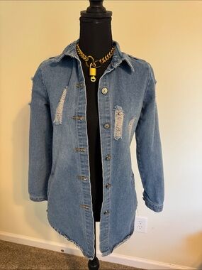 Distressed Long Denim Jacket - Blue S